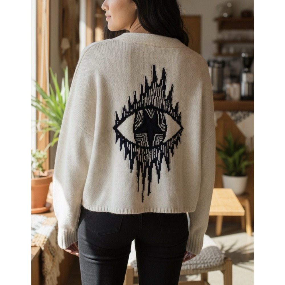 KOCH Evil Eye Graphic Knit Sweater S Ivory Crop Boho Indie PunkWestern Celestial